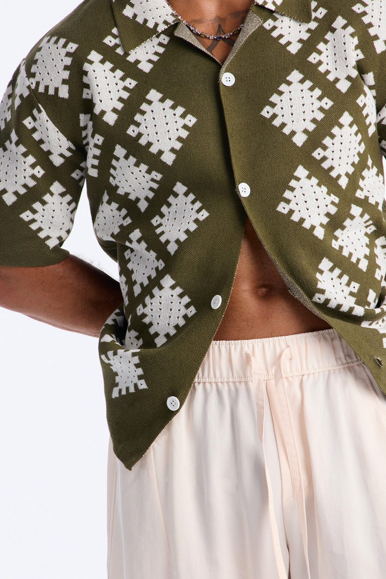 Relaxed Wave Side Crochet Cuban Collar Button Up Shirt - Green
