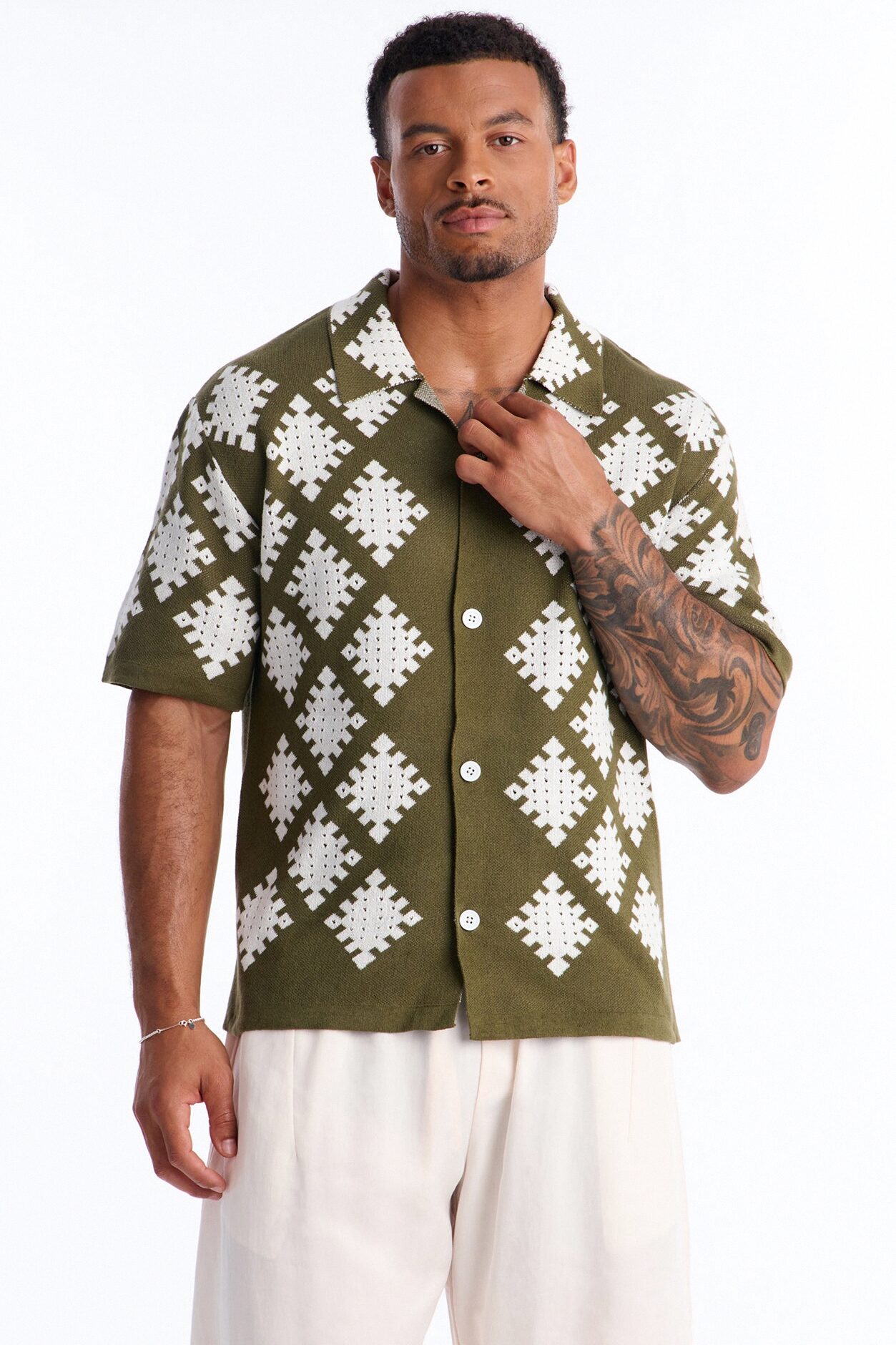 Relaxed Wave Side Crochet Cuban Collar Button Up Shirt - Green