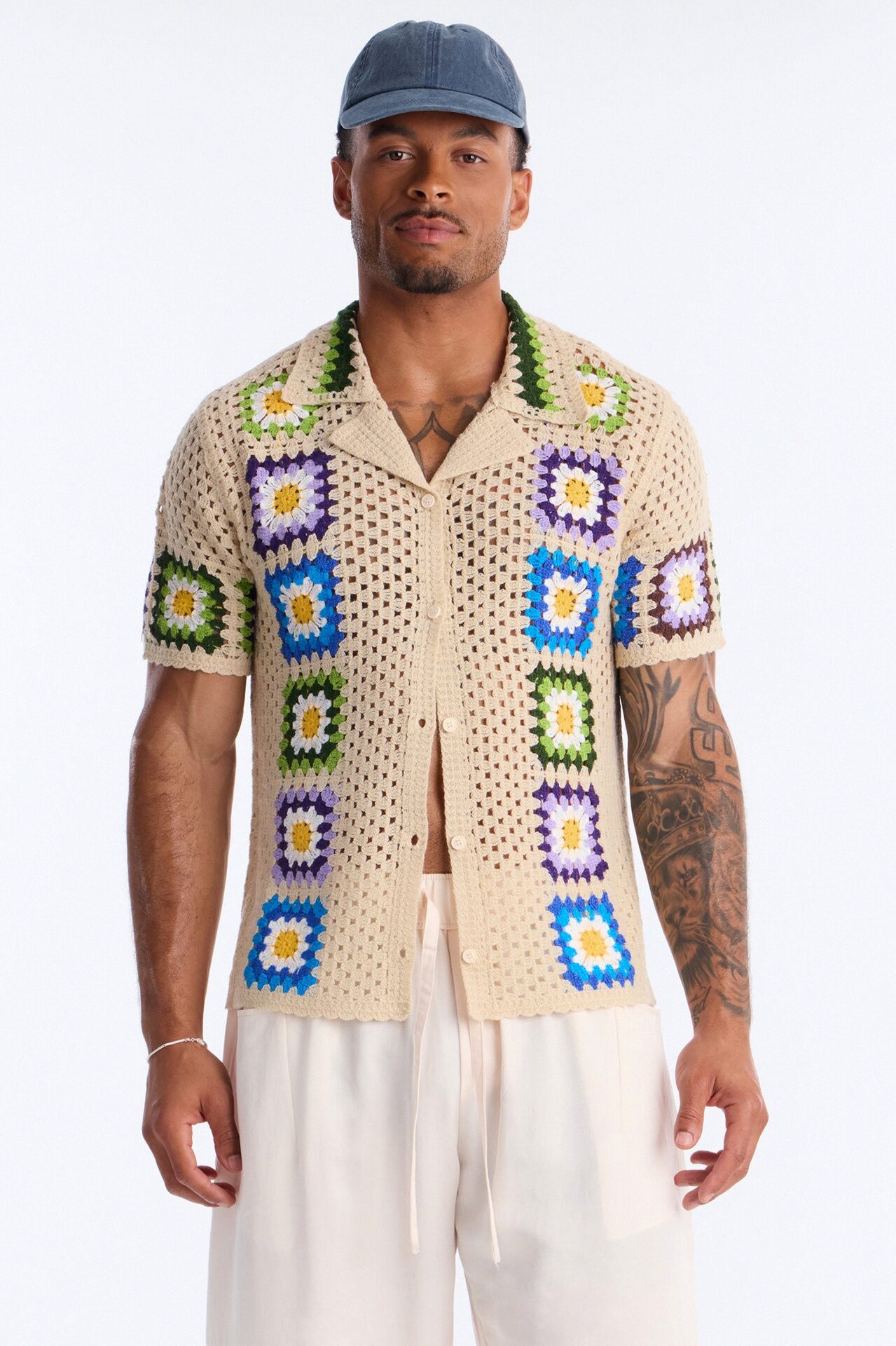 Bass Bloom Crochet Button Up Shirt - Tan