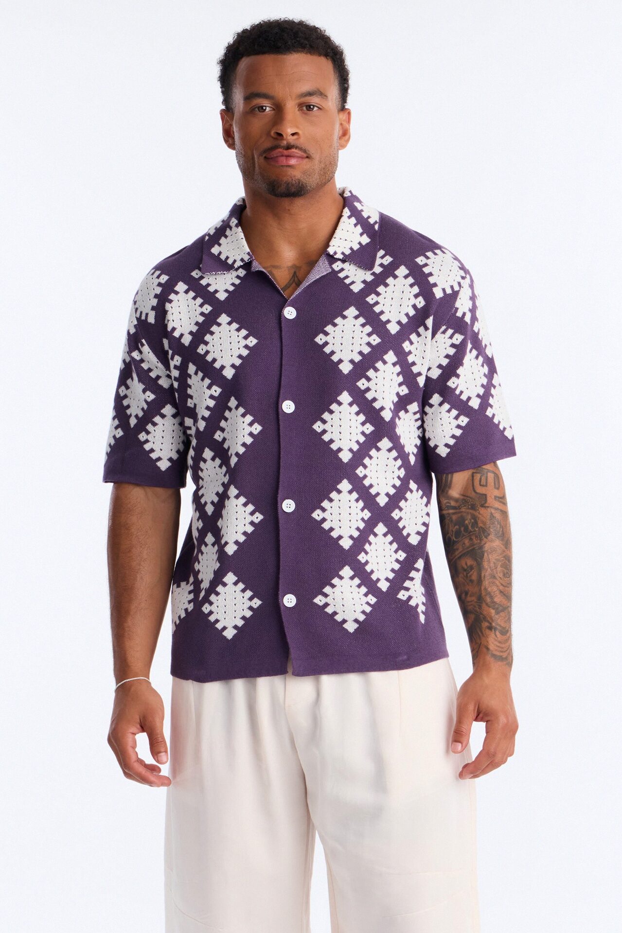 Relaxed Wave Side Crochet Cuban Collar Button Up Shirt - Purple