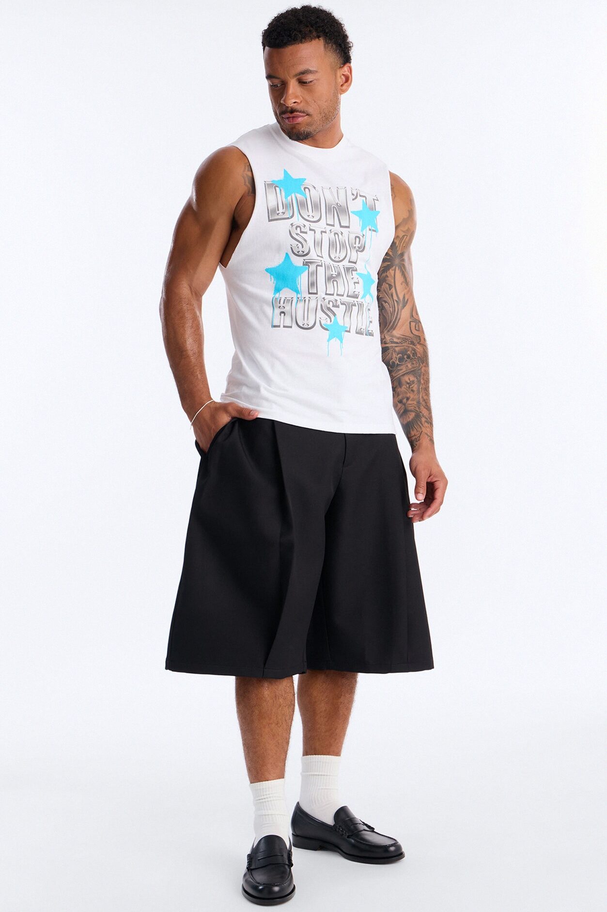 Don't Stop The Hustle Muscle Tee - White
