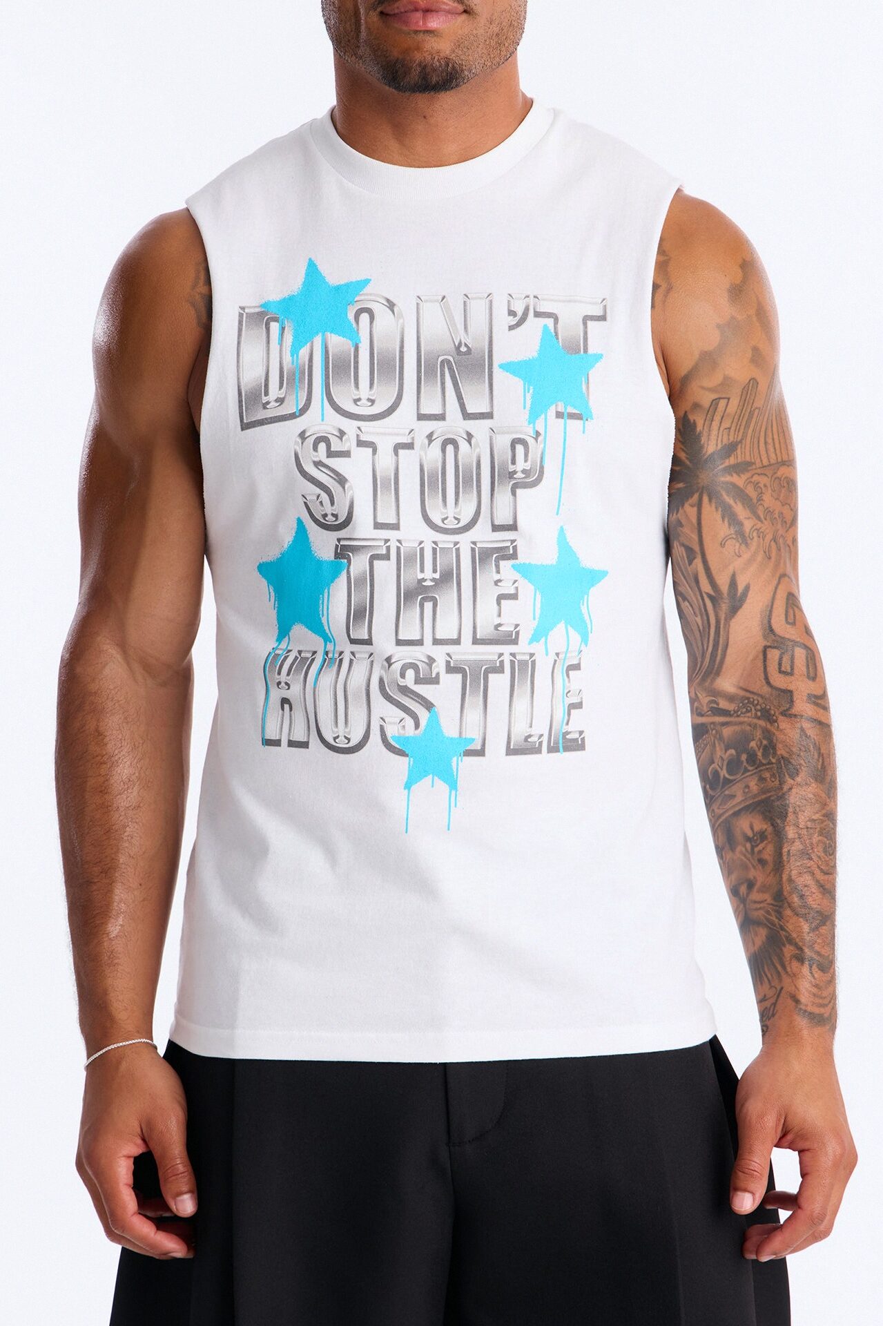 Don't Stop The Hustle Muscle Tee - White