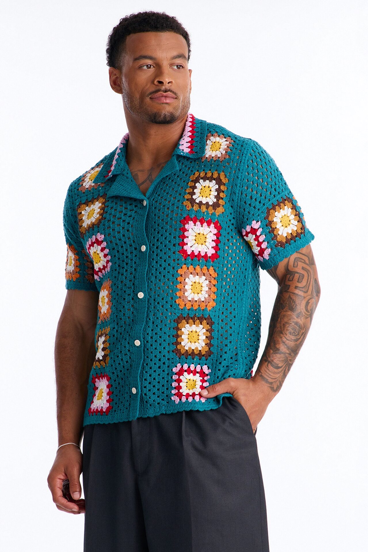 Bass Bloom Crochet Button Up Shirt - Green