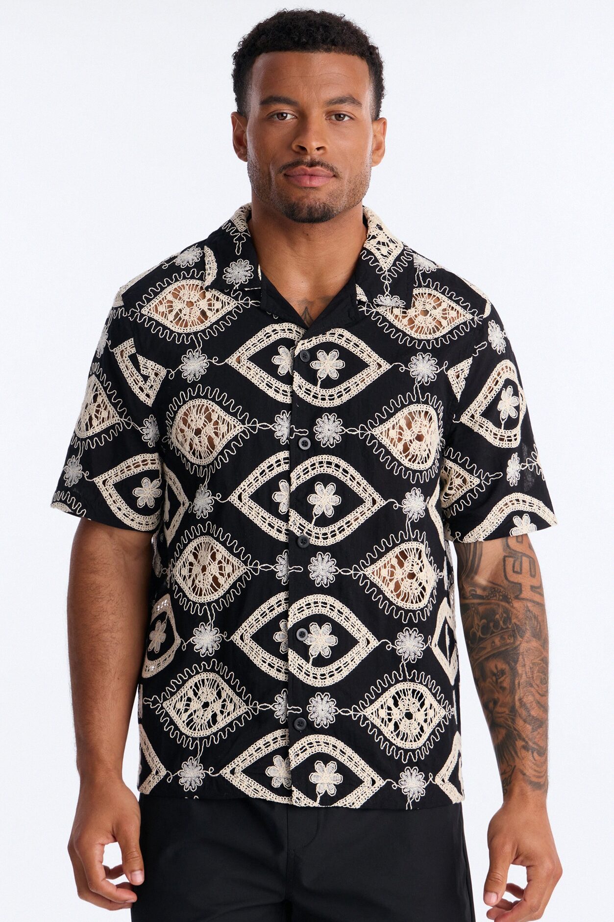 Floral Ties Short Sleeve Cuban Collar Button Up Shirt - Black