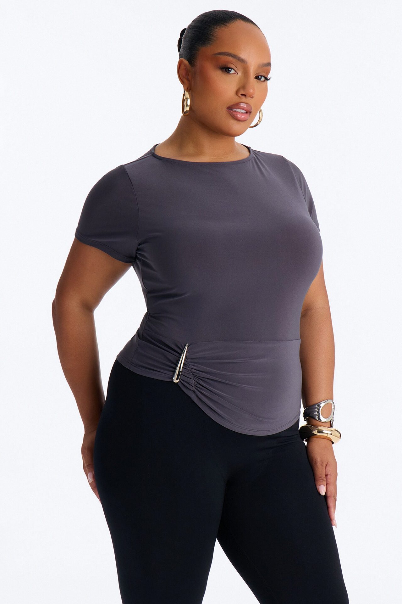 Chrome Kiss Hardware Short Sleeve Top - Charcoal