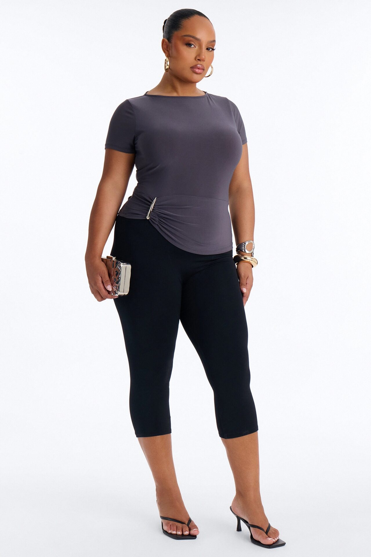 Chrome Kiss Hardware Short Sleeve Top - Charcoal