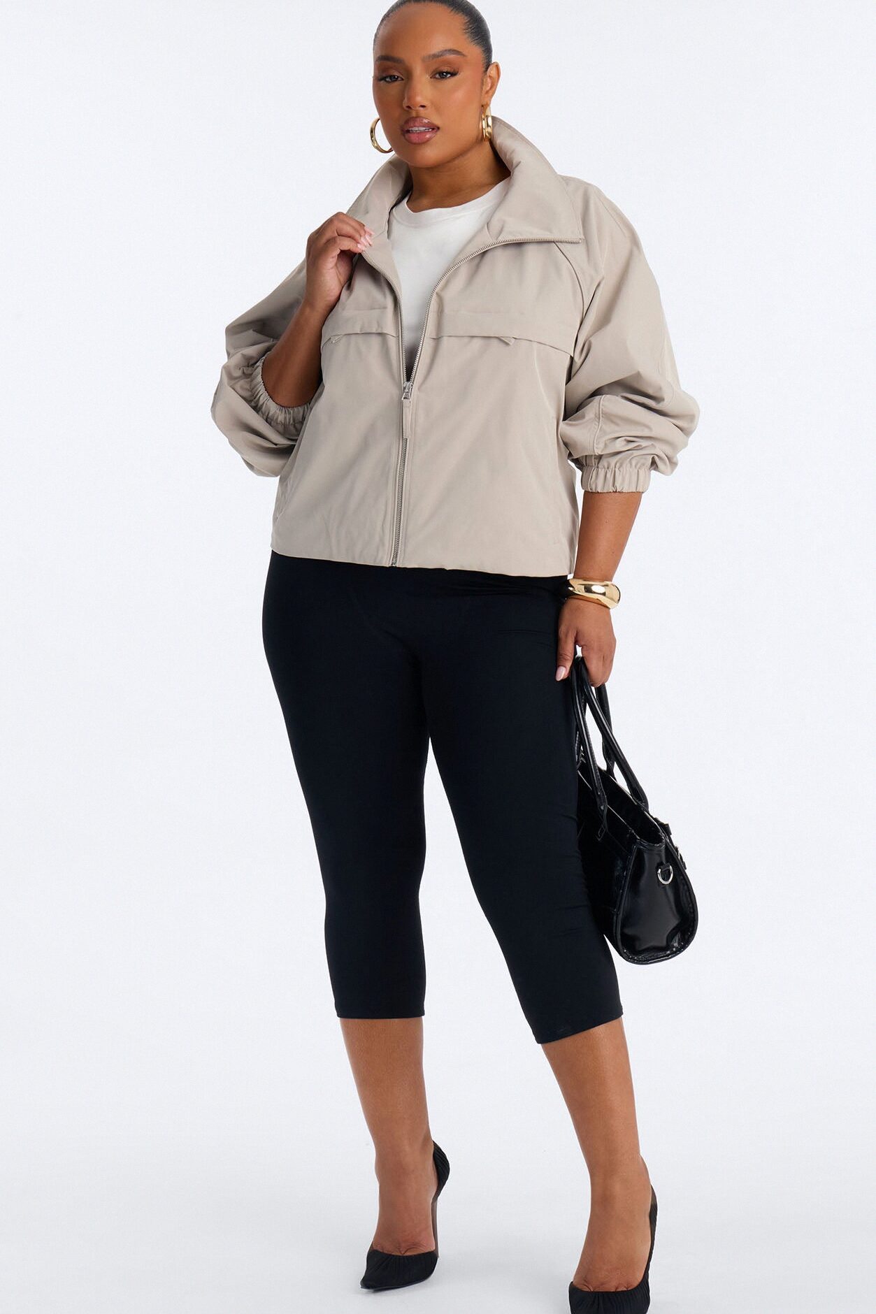 Cool Girl Funnel Neck Windbreaker Jacket - Taupe