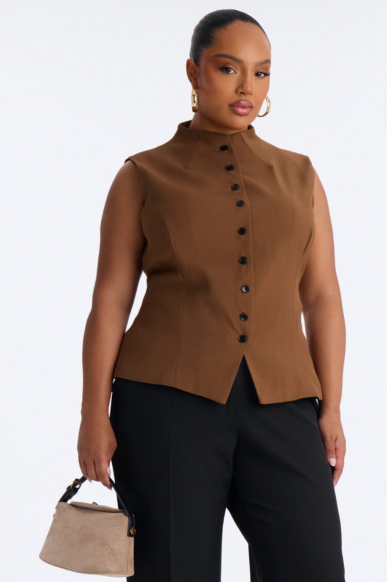 Lana Mock Neck Twill Top - Mocha