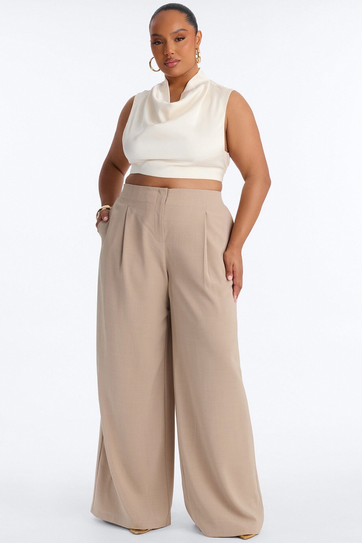 Zamara High Rise Clean Waistband Trouser Pant 33″ - Taupe