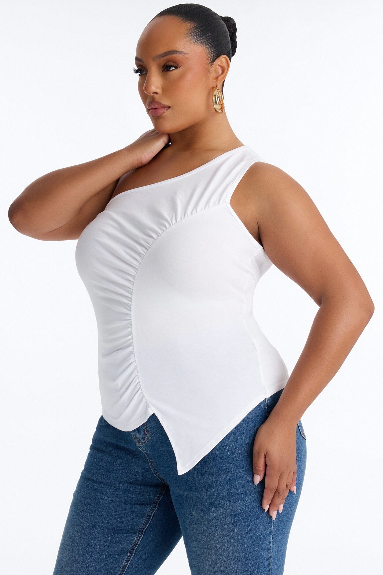 Malika Ruched One Shoulder Sleeveless Top - White