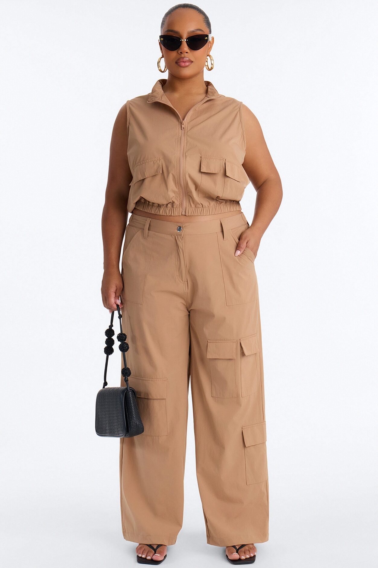 Nessa Nylon Cargo Sleeveless Vest Pant Set - Tan