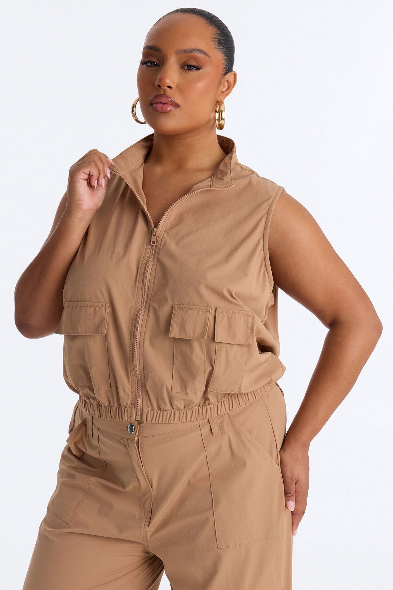 Nessa Nylon Cargo Sleeveless Vest Pant Set - Tan