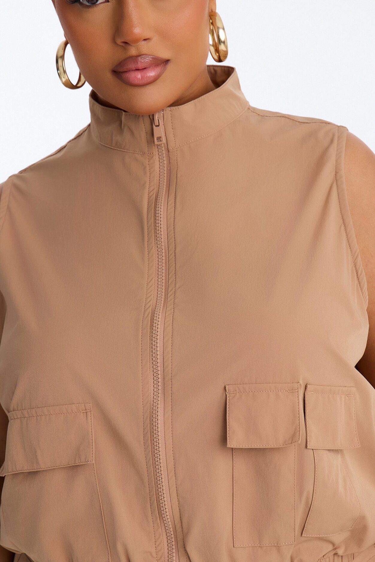 Nessa Nylon Cargo Sleeveless Vest Pant Set - Tan