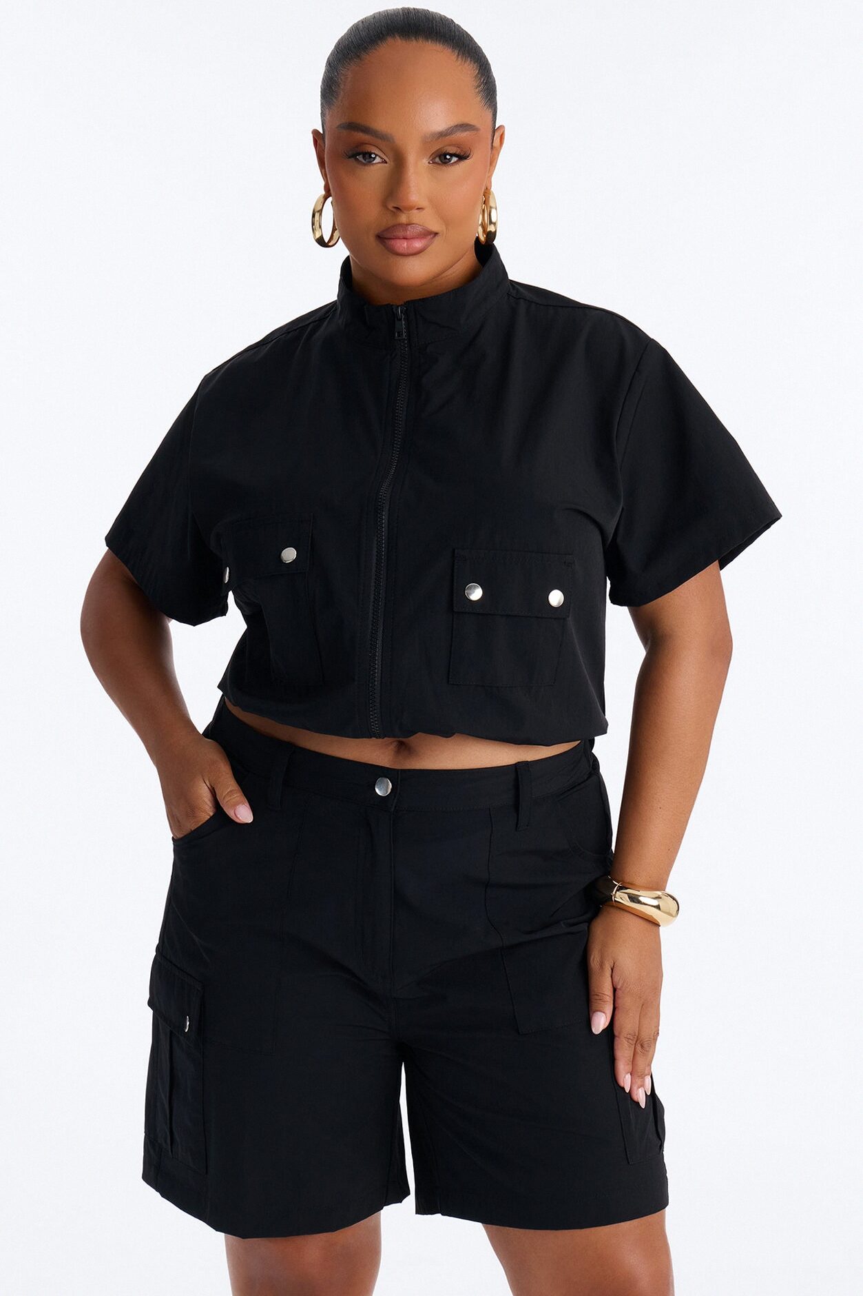 Nessa Nylon Cargo Short Set - Black