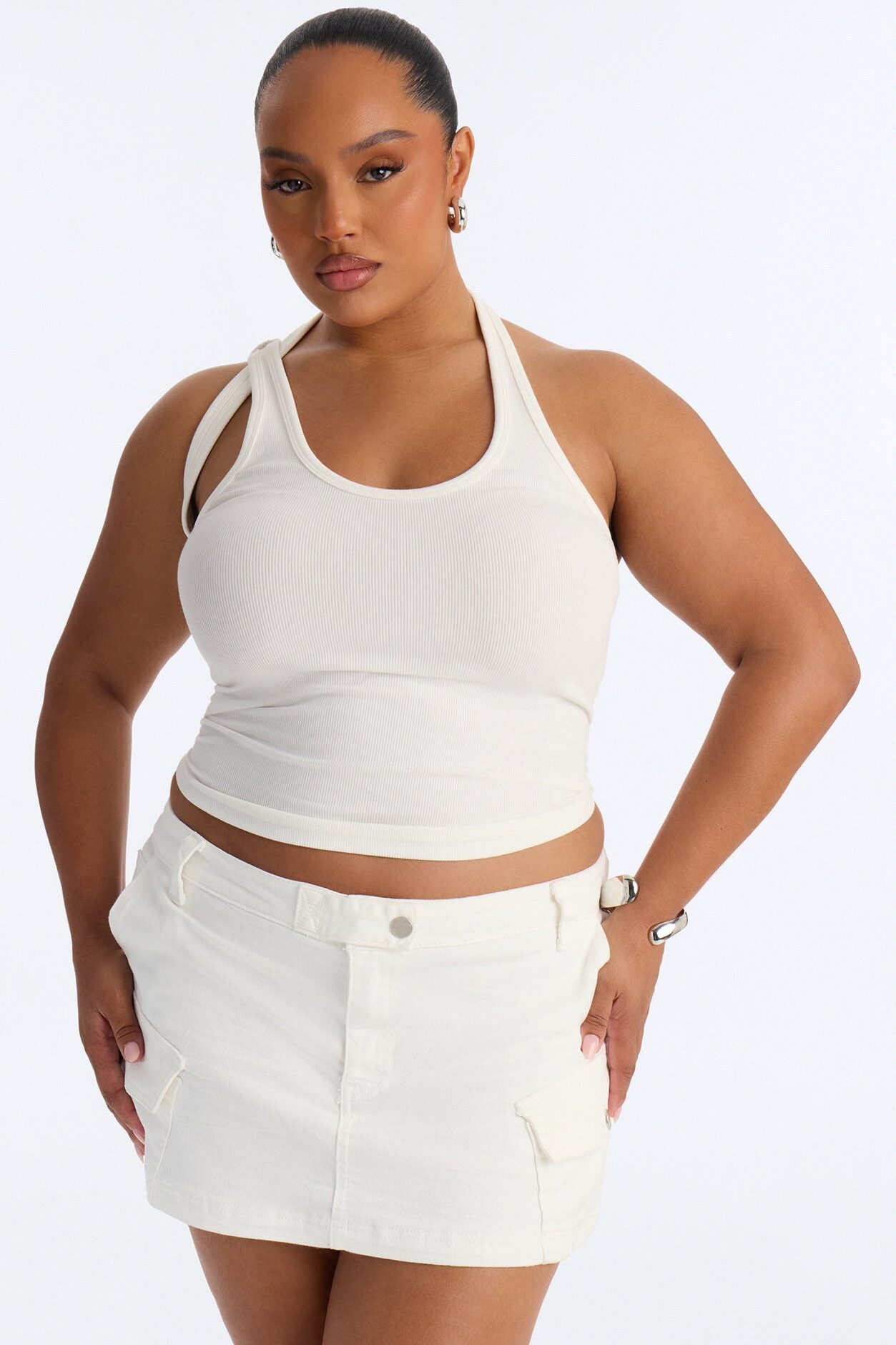 City Streets Ribbed Layered Off Shoulder Halter Top - White