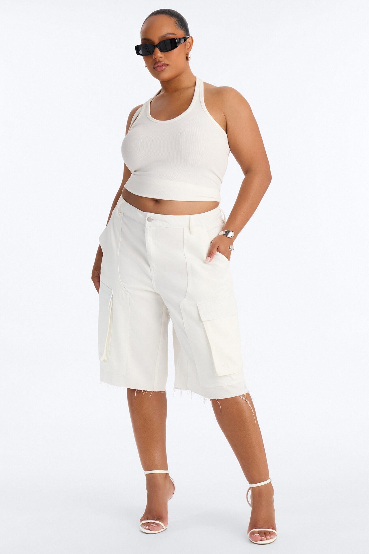 Lillia Frayed Hem Cargo Bermuda Short - White