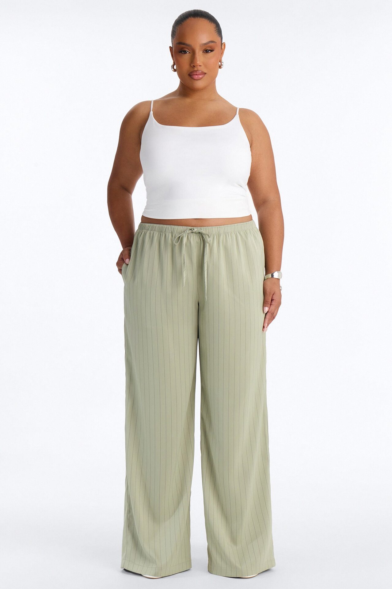 Lulu Pinstripe Satin Wide Leg Pant 32″ - Olive