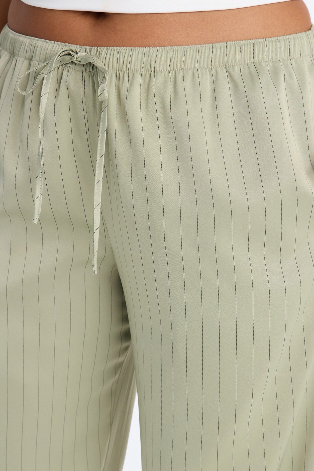 Lulu Pinstripe Satin Wide Leg Pant 32″ - Olive