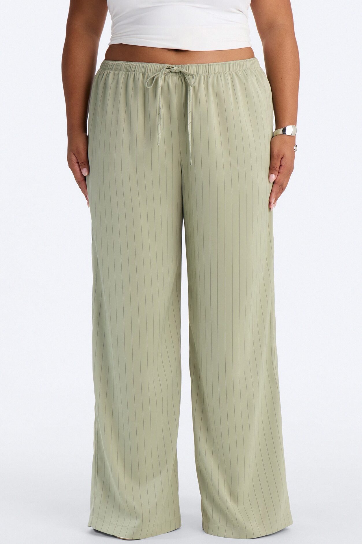 Lulu Pinstripe Satin Wide Leg Pant 32″ - Olive