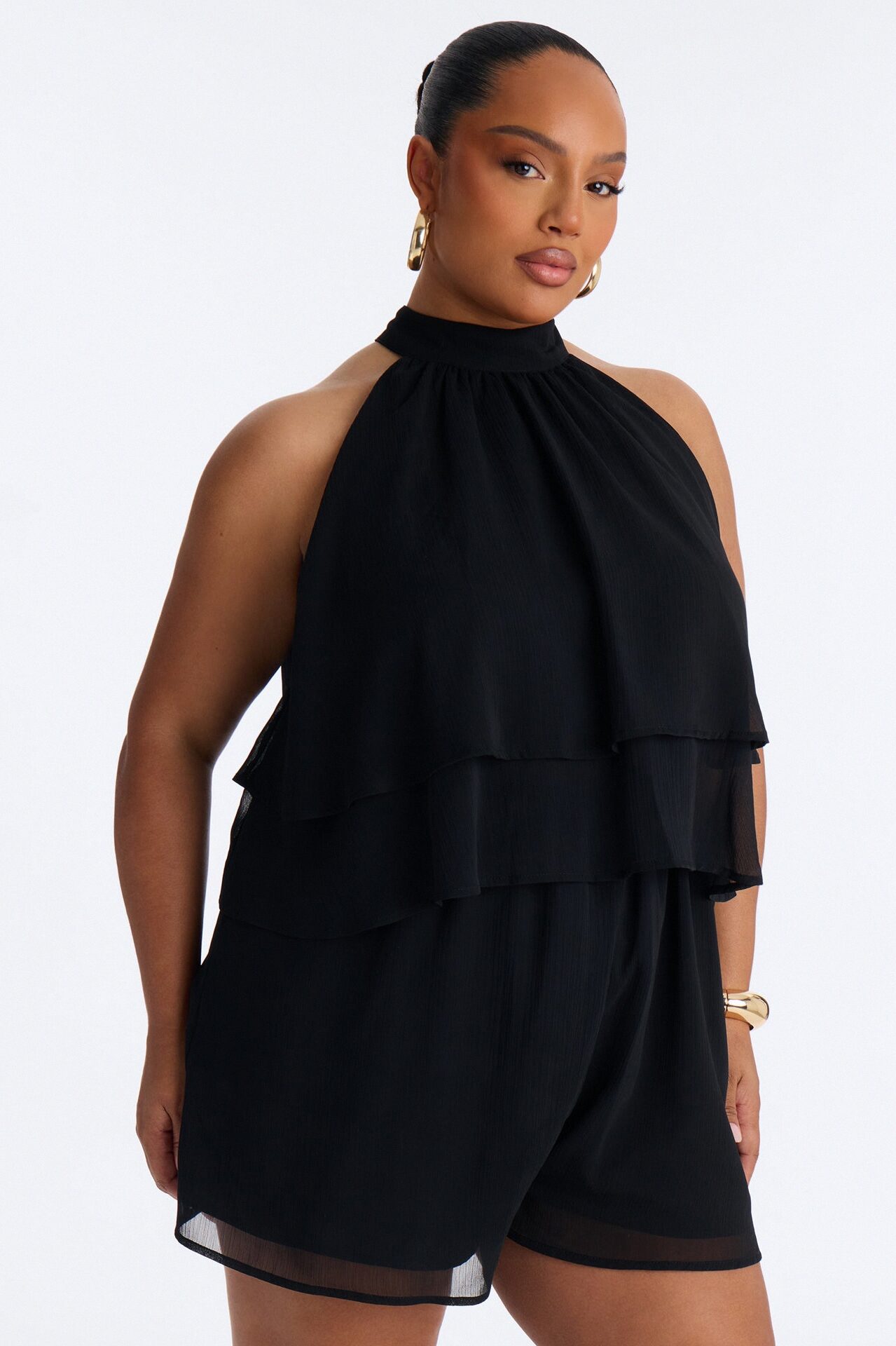 Josephine Chiffon Ruffle Romper - Black