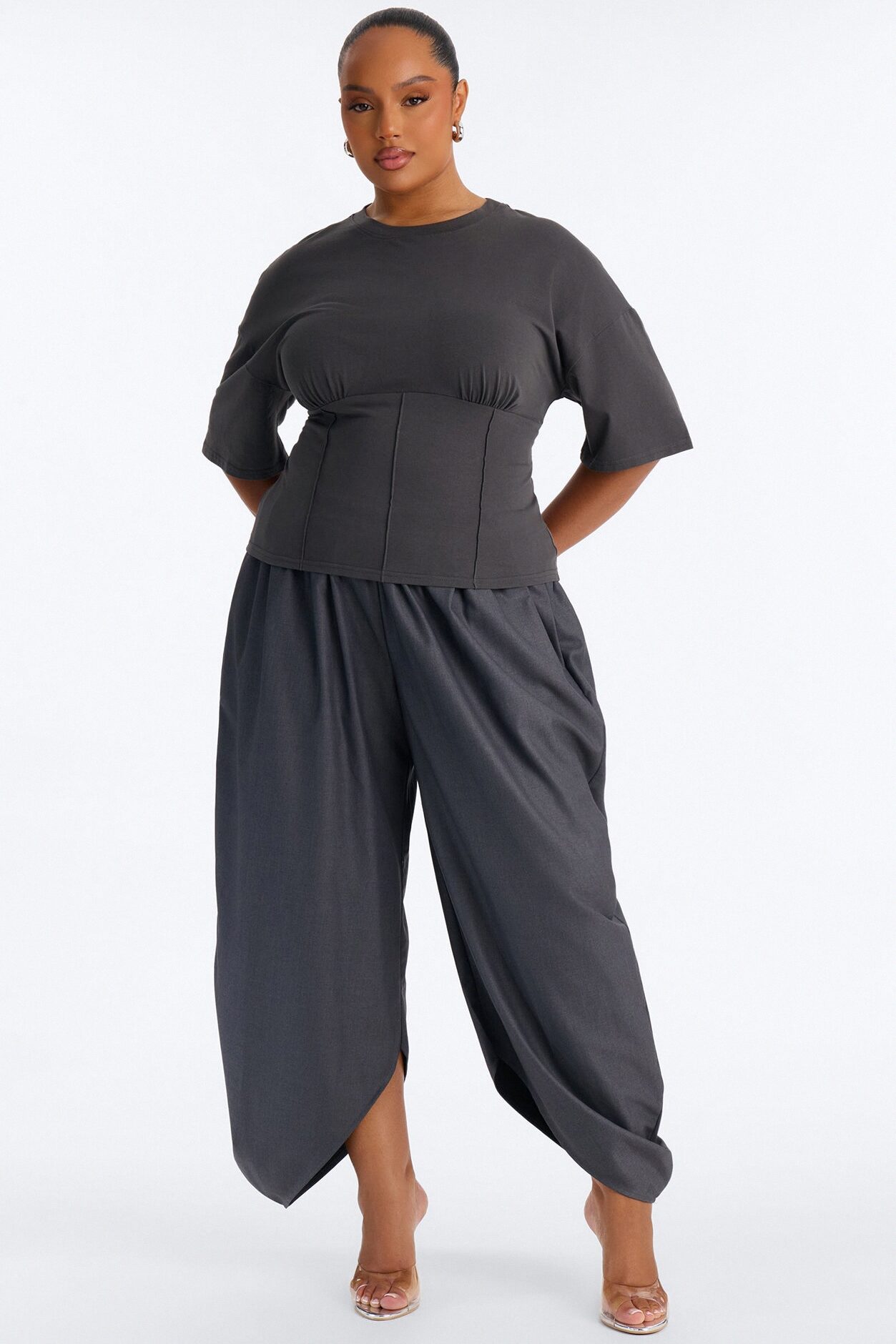 Kaylee Cinched Waist Short Sleeve T-Shirt - Charcoal