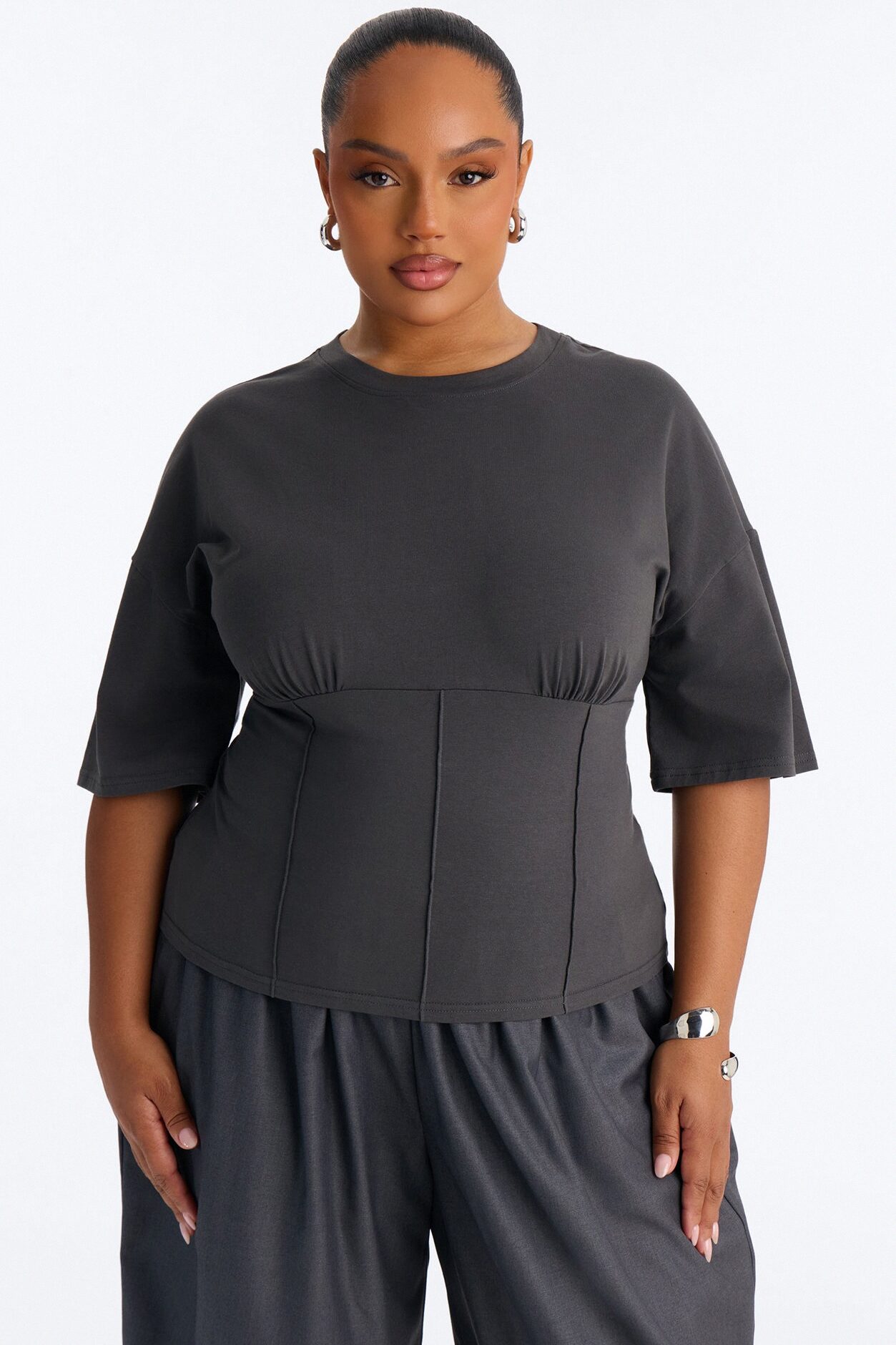 Kaylee Cinched Waist Short Sleeve T-Shirt - Charcoal