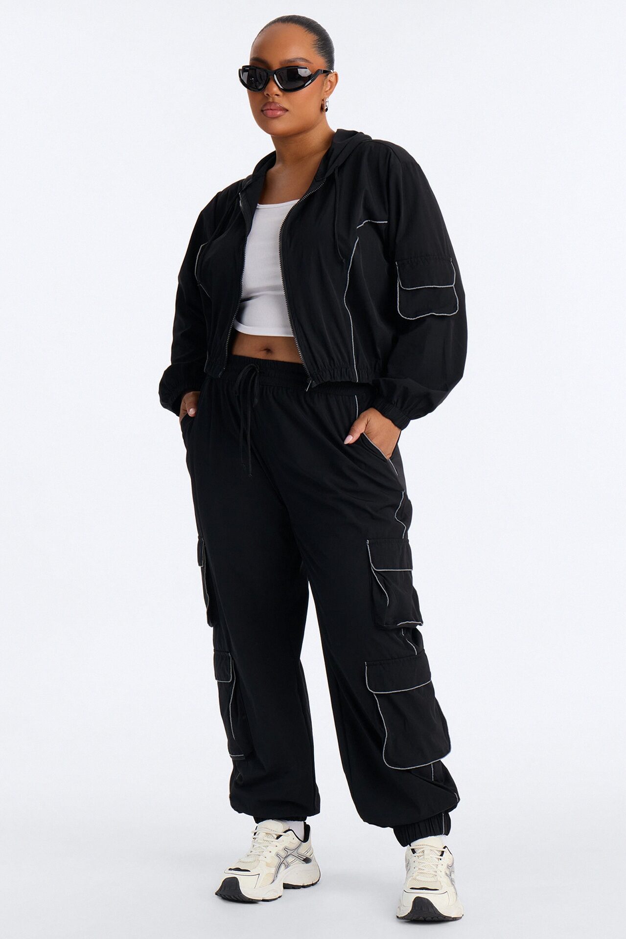 Nessa Nylon Cargo Hoodie Jogger Set - Black