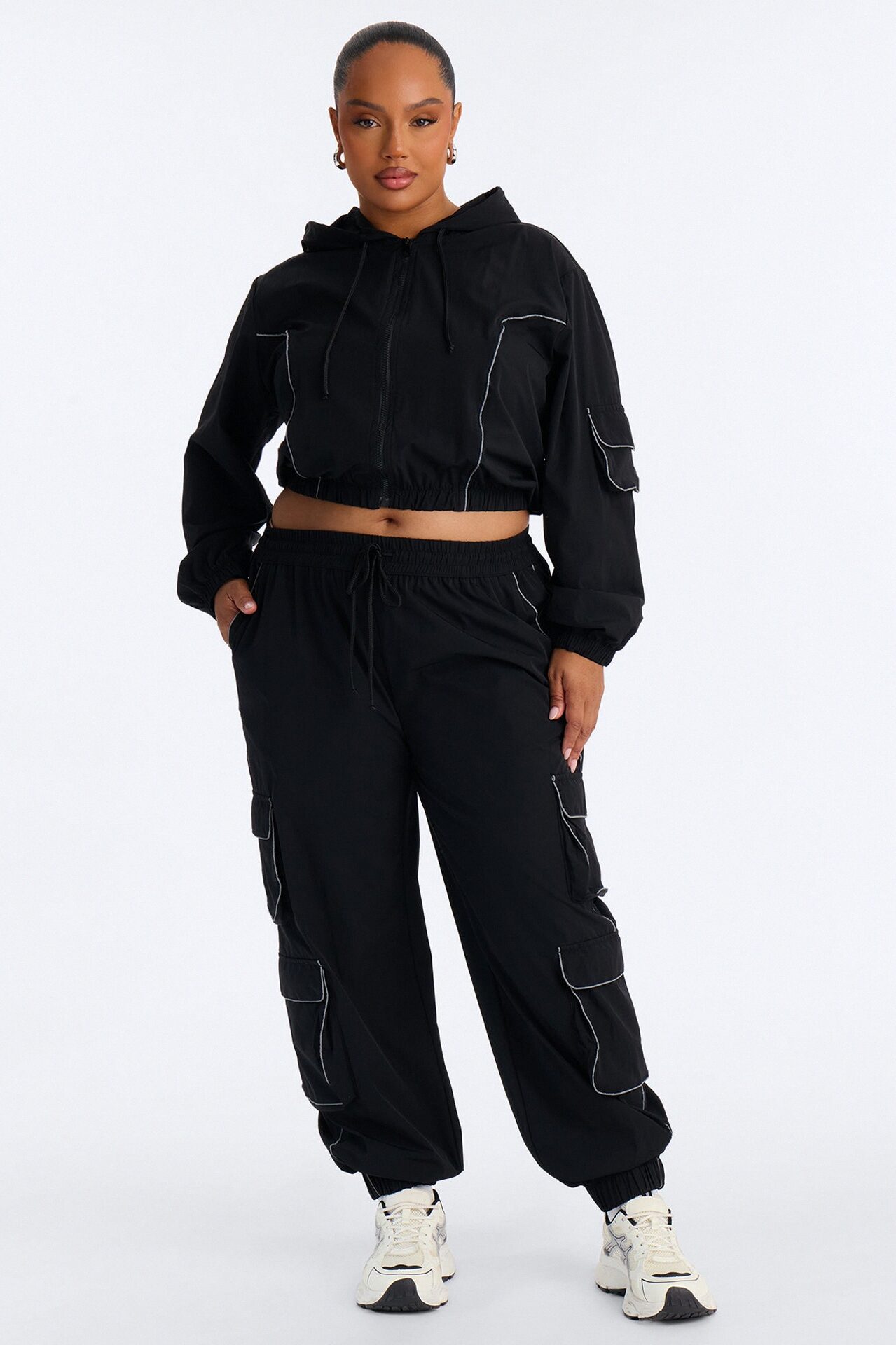 Nessa Nylon Cargo Hoodie Jogger Set - Black