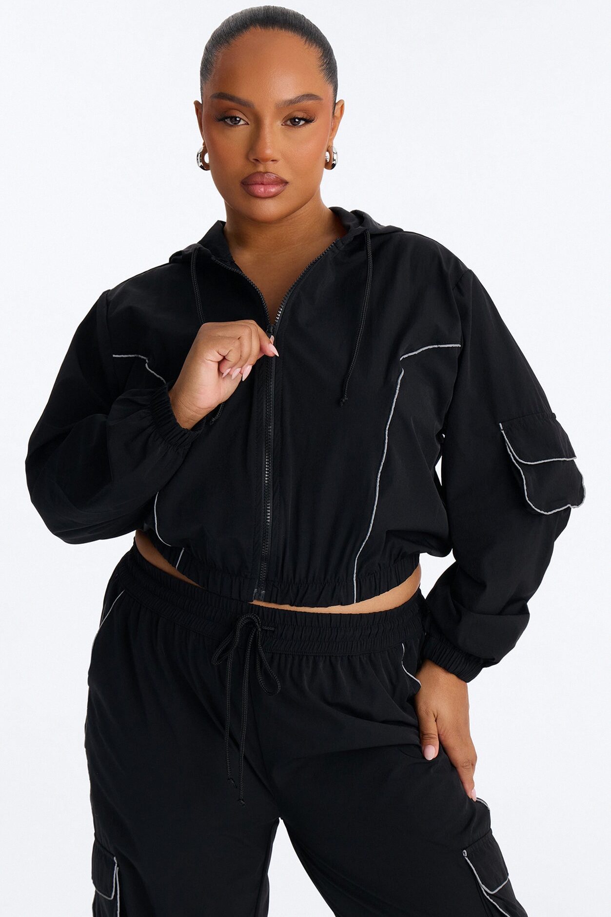 Nessa Nylon Cargo Hoodie Jogger Set - Black