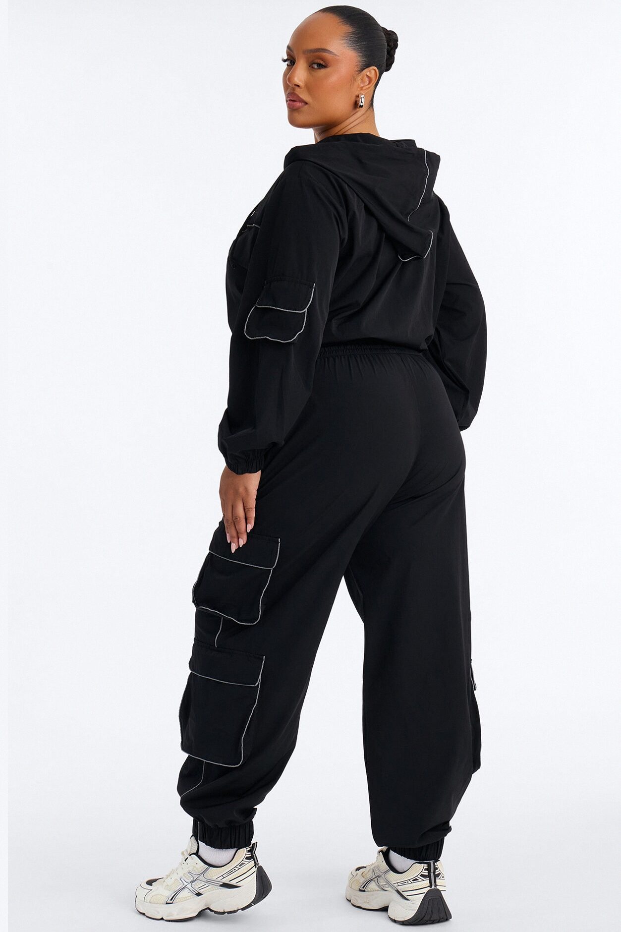 Nessa Nylon Cargo Hoodie Jogger Set - Black