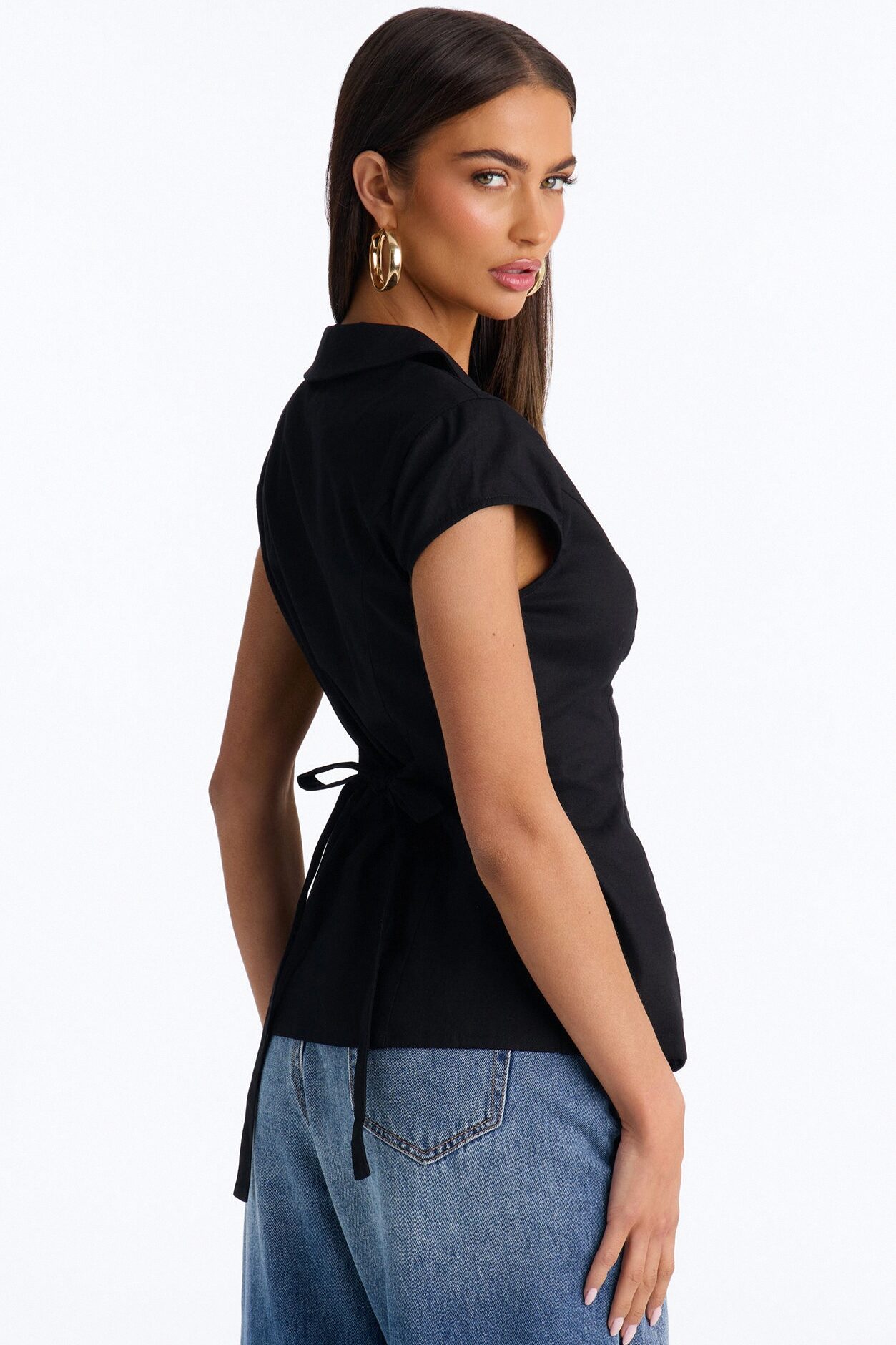 Little Cute Moment Tie Back Linen Shirt - Black