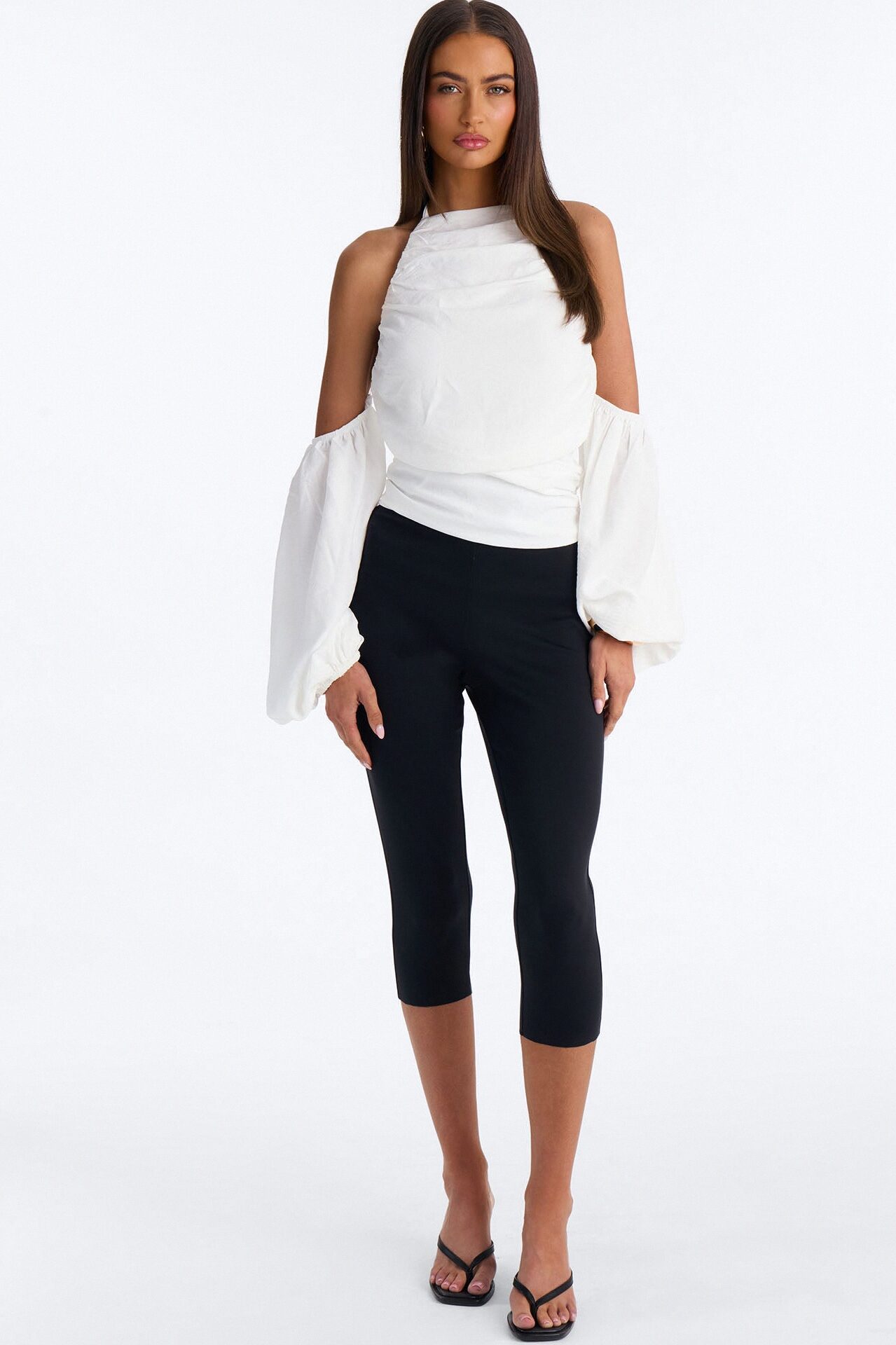 Too Cute To Care Long Sleeve Ruched Airflow Halter Top - White
