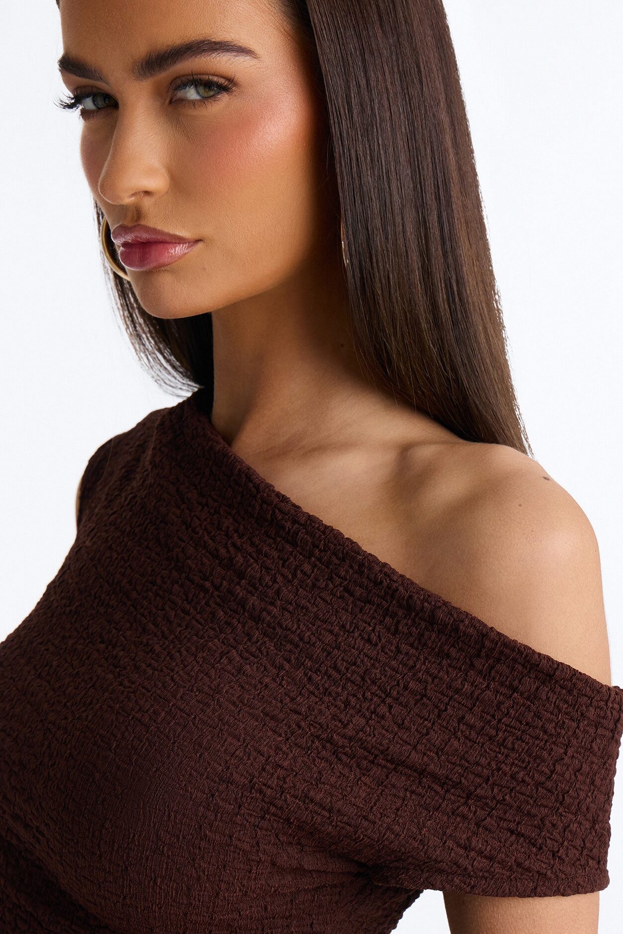 Tropical Tease Textured Off Shoulder Short Sleeve Top - Brown