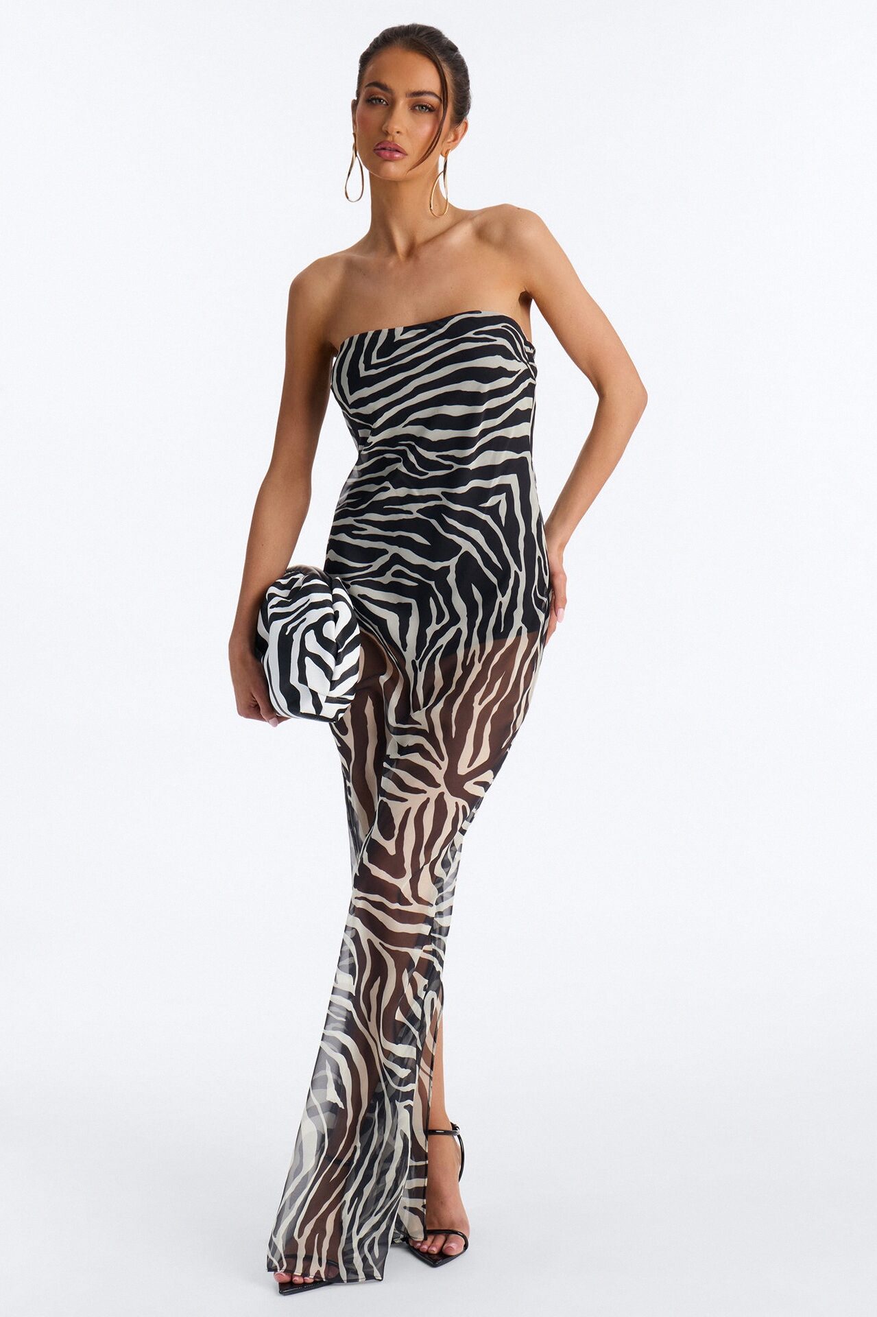 On Read Strapless Chiffon Maxi Dress - Black/White