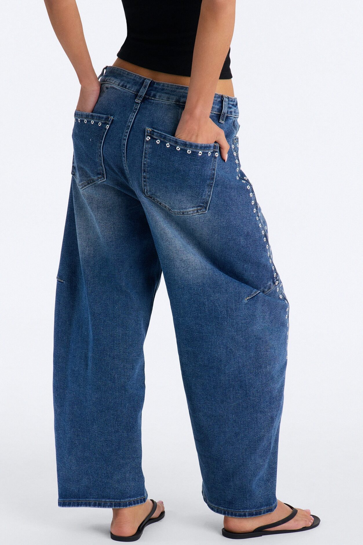See You Never Grommet Embellished Barrel Jeans - Dark Wash