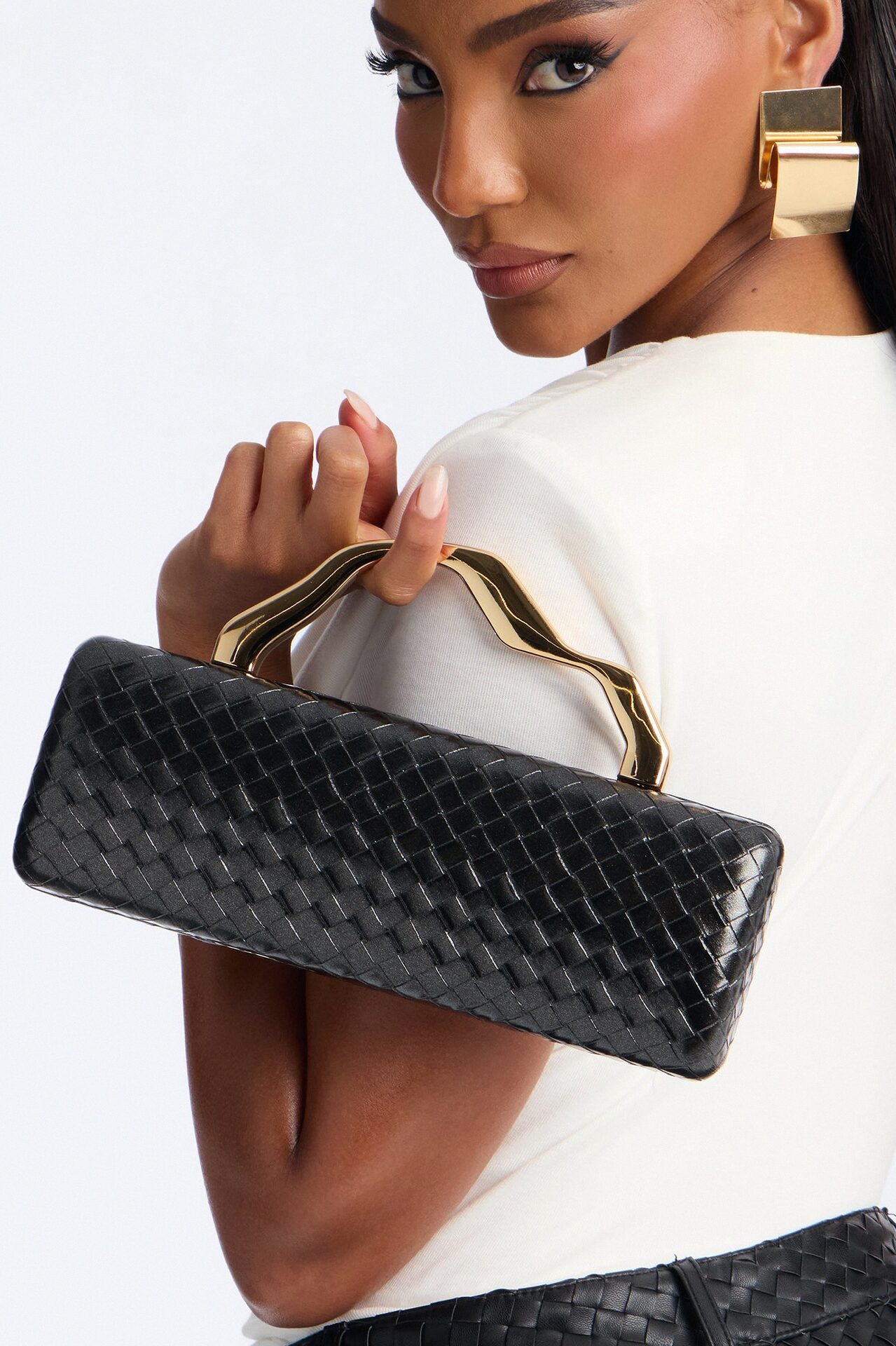 Deco Woven Faux Leather Clutch - Black