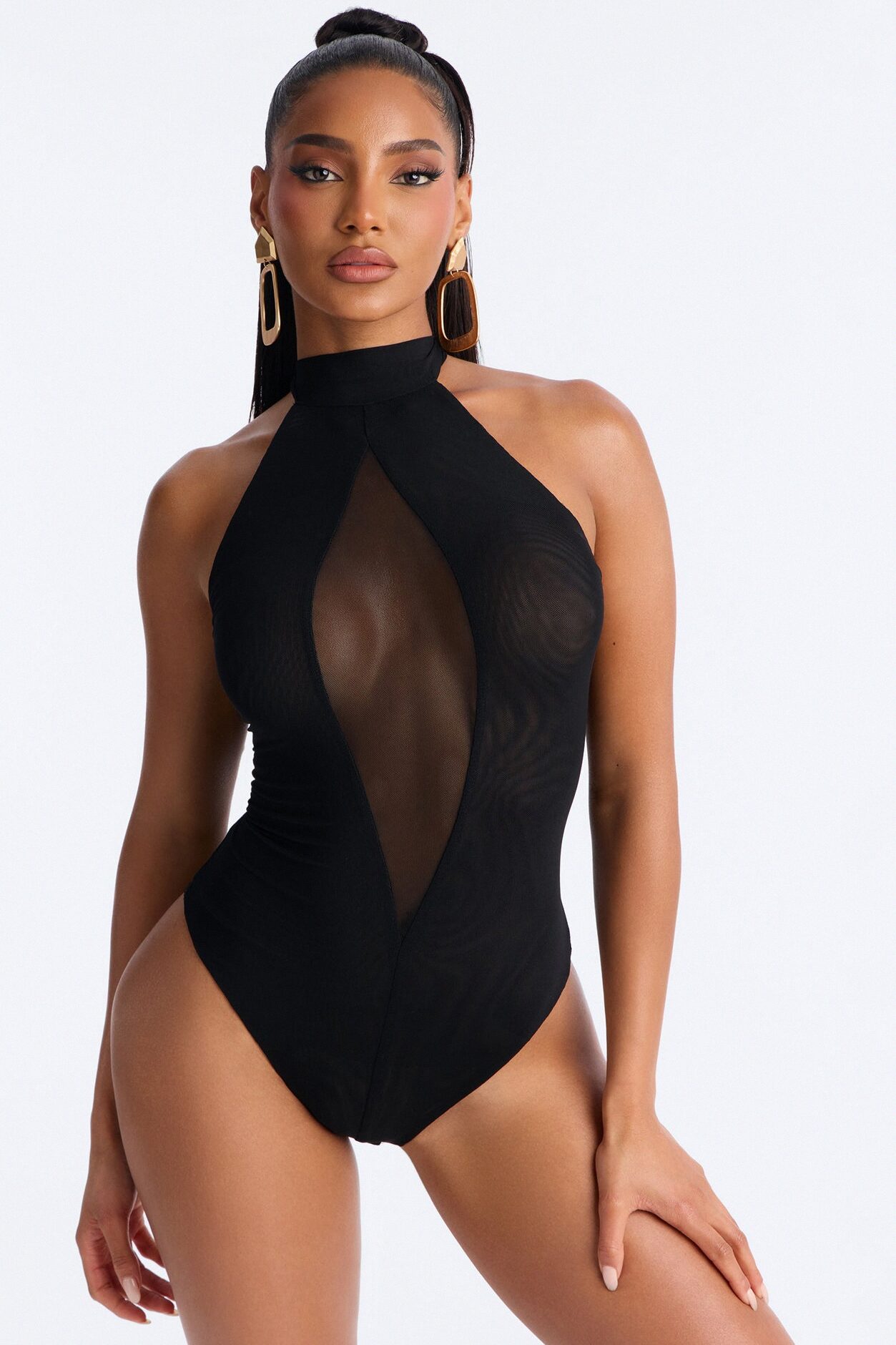 Rianna Mock Neck Sheer Mesh Bodysuit - Black