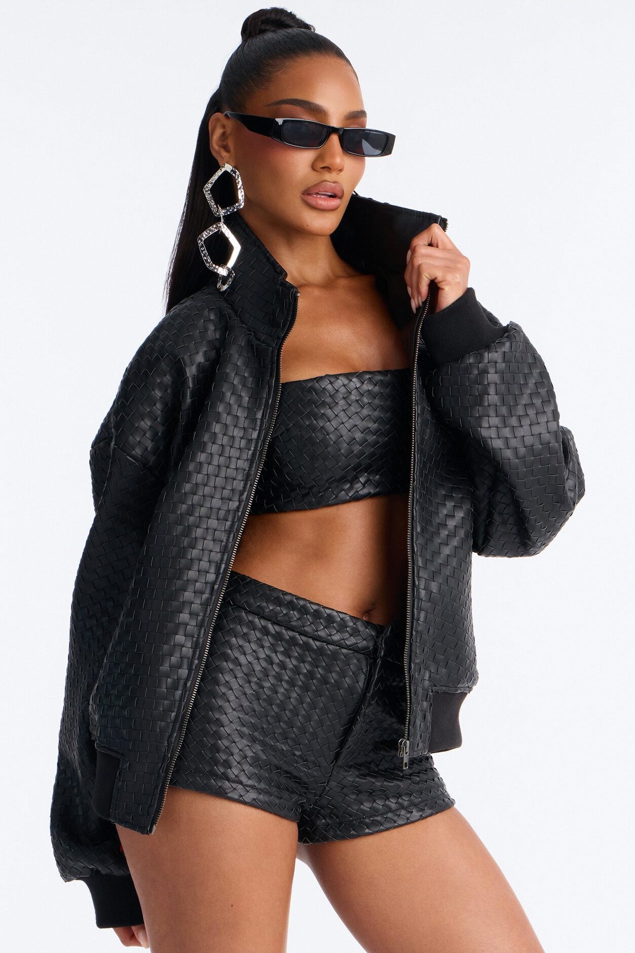 Vivian Woven Faux Leather Bomber Jacket - Black