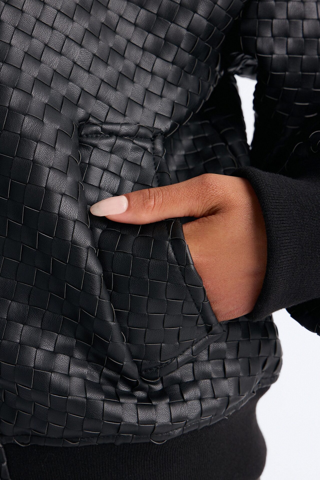 Vivian Woven Faux Leather Bomber Jacket - Black