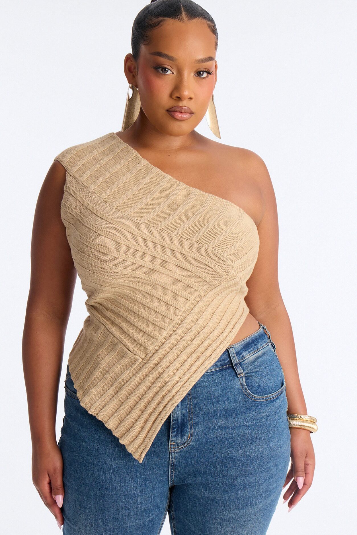 Amaya One Shoulder Sweater Top - Stone