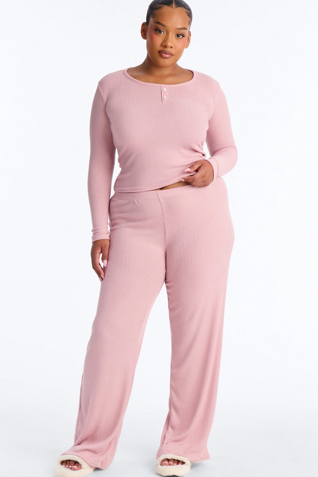 Slumber Haven Ribbed Long Sleeve PJ Pant Set - Mauve