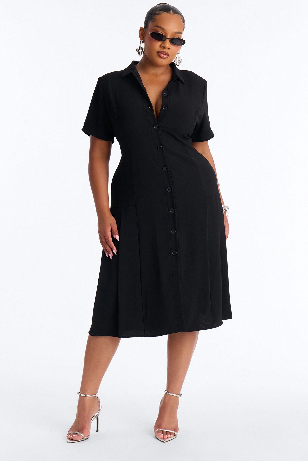 Delaney Button Up Pleated Midi Dress - Black