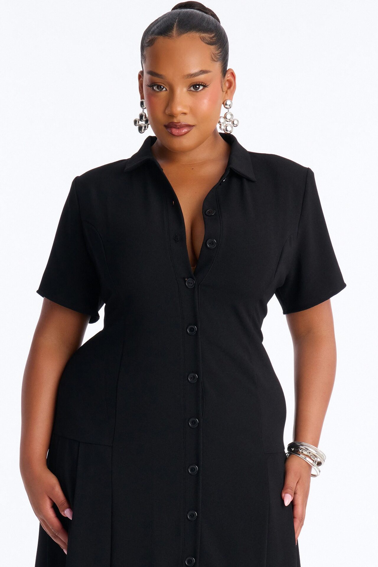 Delaney Button Up Pleated Midi Dress - Black