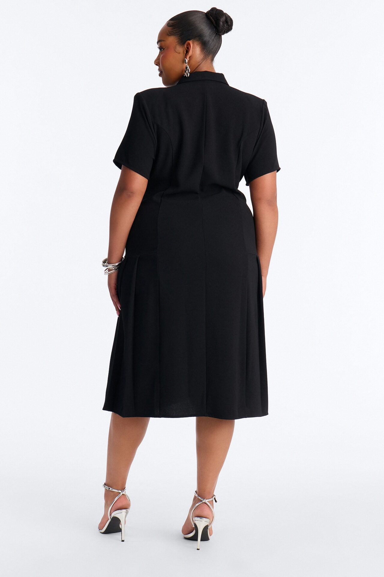 Delaney Button Up Pleated Midi Dress - Black
