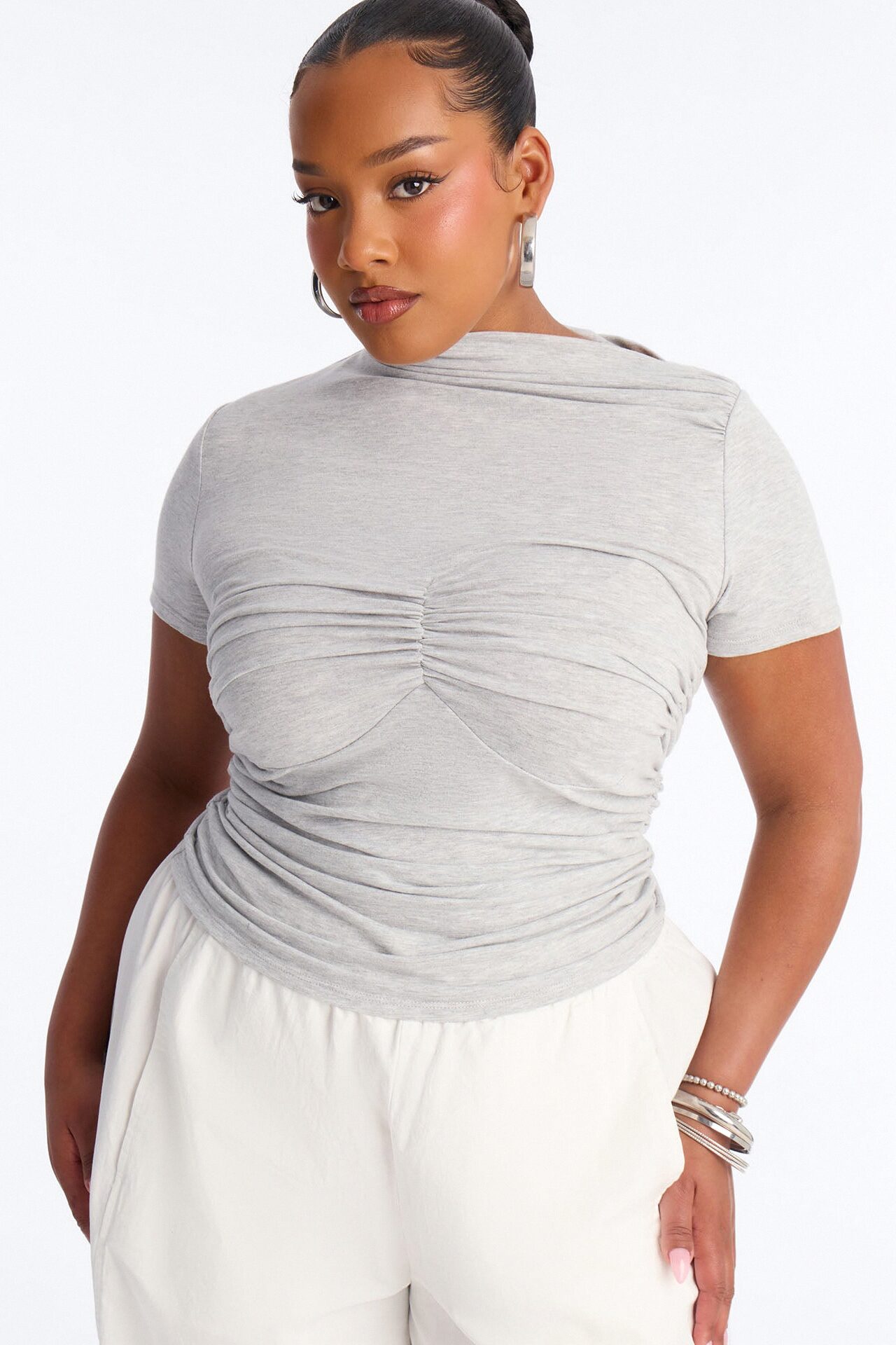 Coni Asymmetrical Mock Neck Short Sleeve Top - Grey