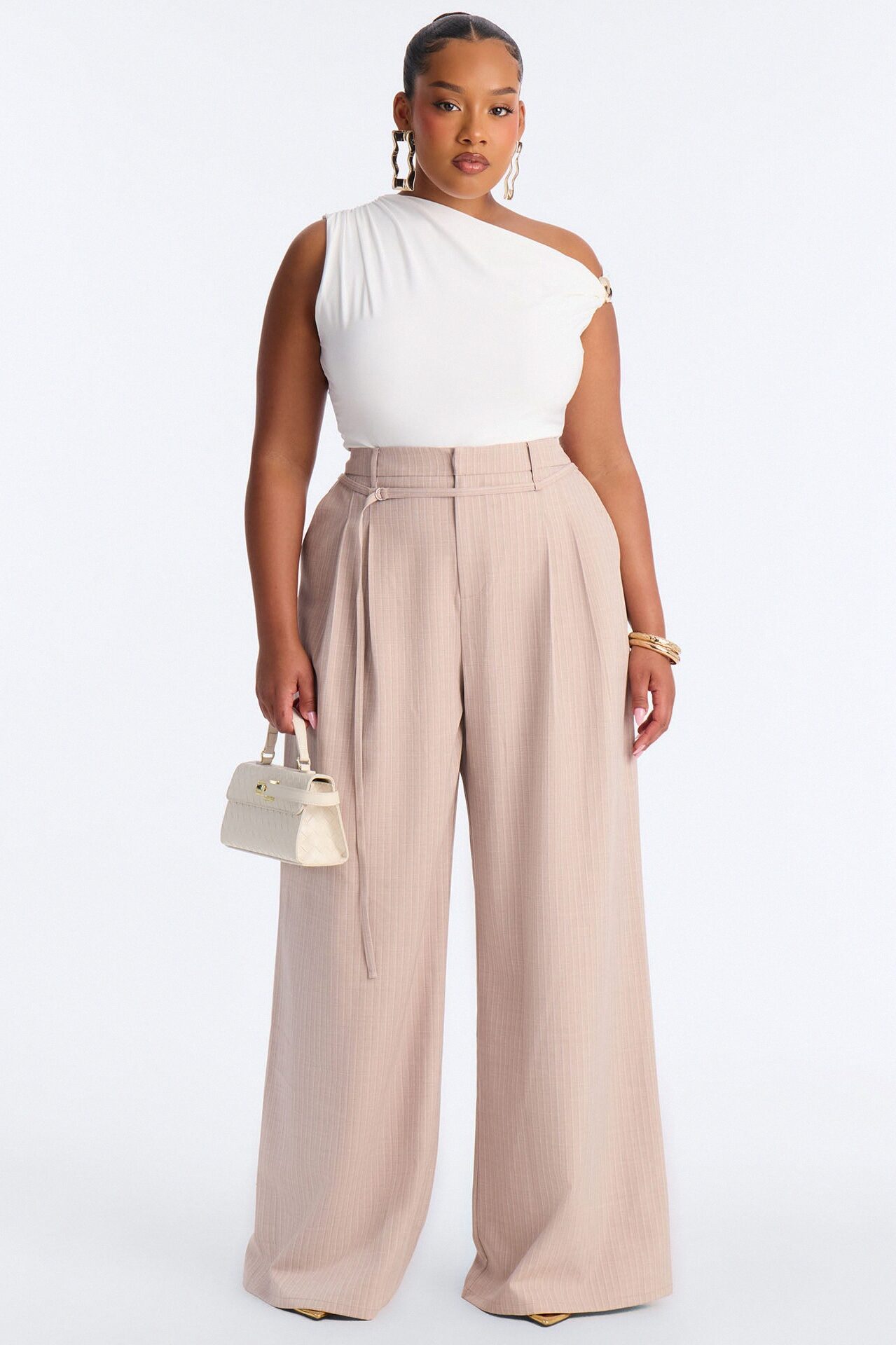 Old Money Feel Pinstripe Belted Trouser Pant 33″ - Mauve