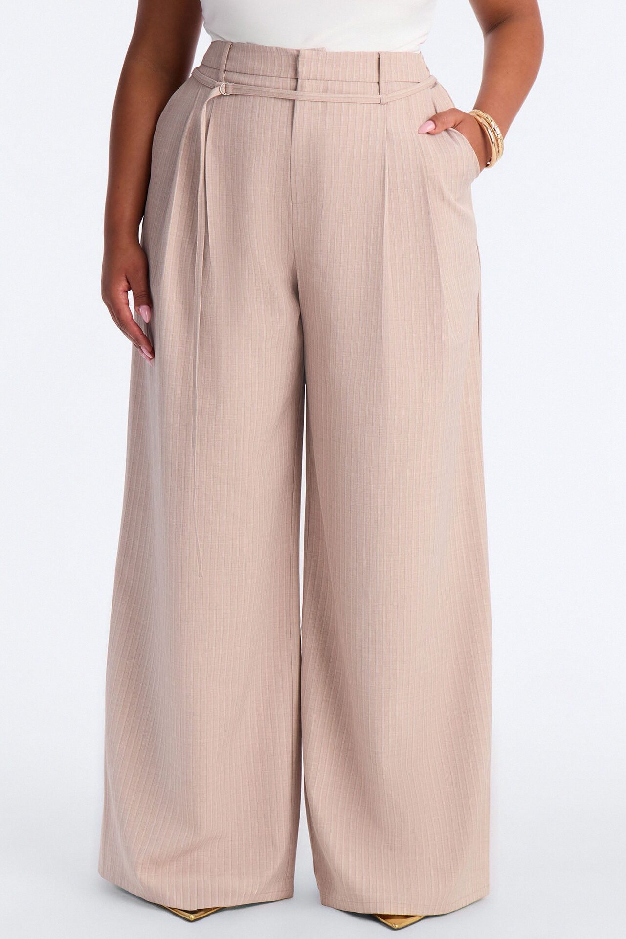 Old Money Feel Pinstripe Belted Trouser Pant 33″ - Mauve