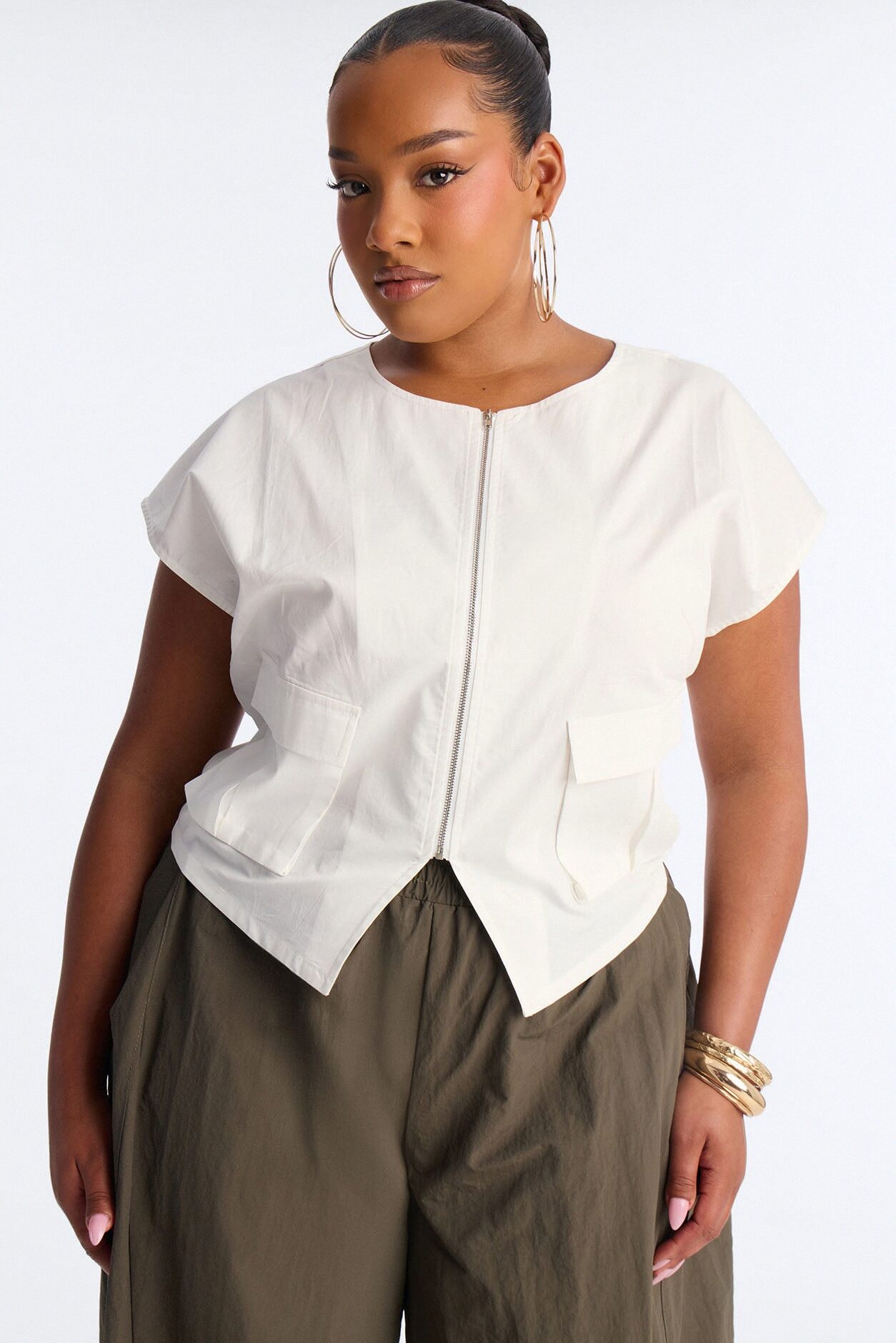 City Steps Front Zip Poplin Top - White