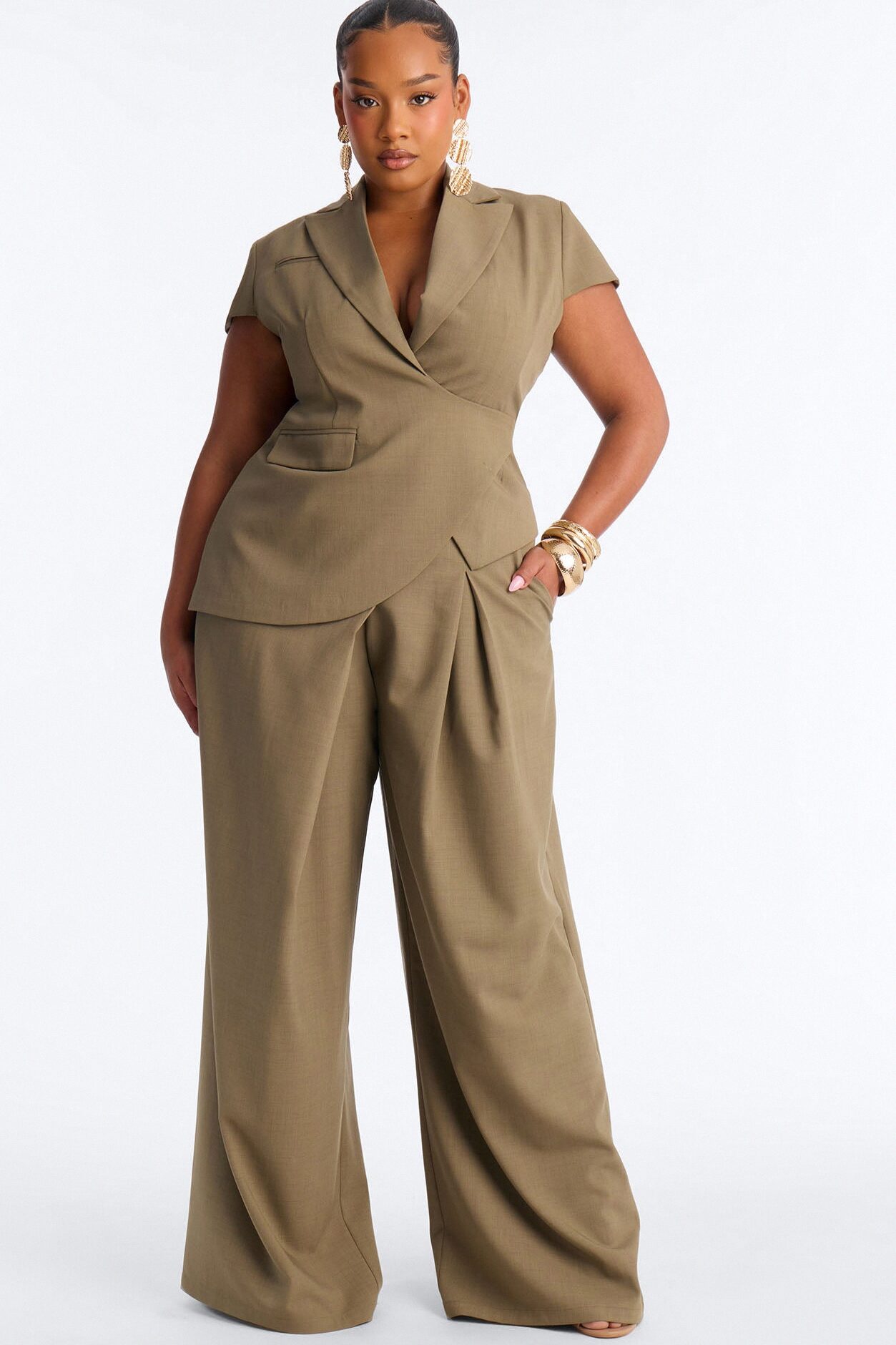 Tiana Pleated Wrap Waist Wide Leg Trouser - Caffe