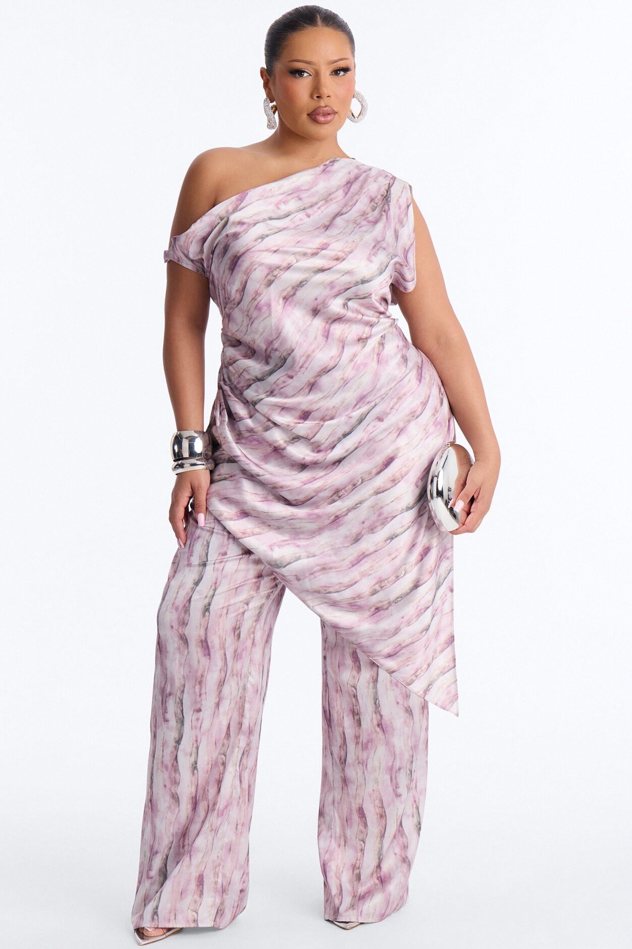 Callie Off Shoulder Asymmetrical Pant Set - Mauve/combo
